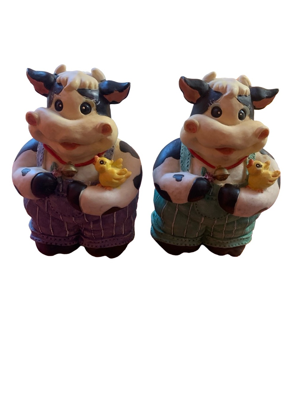 Vintage Country Holstein Cows Resin Bib Overalls Coin Banks Set Of 2